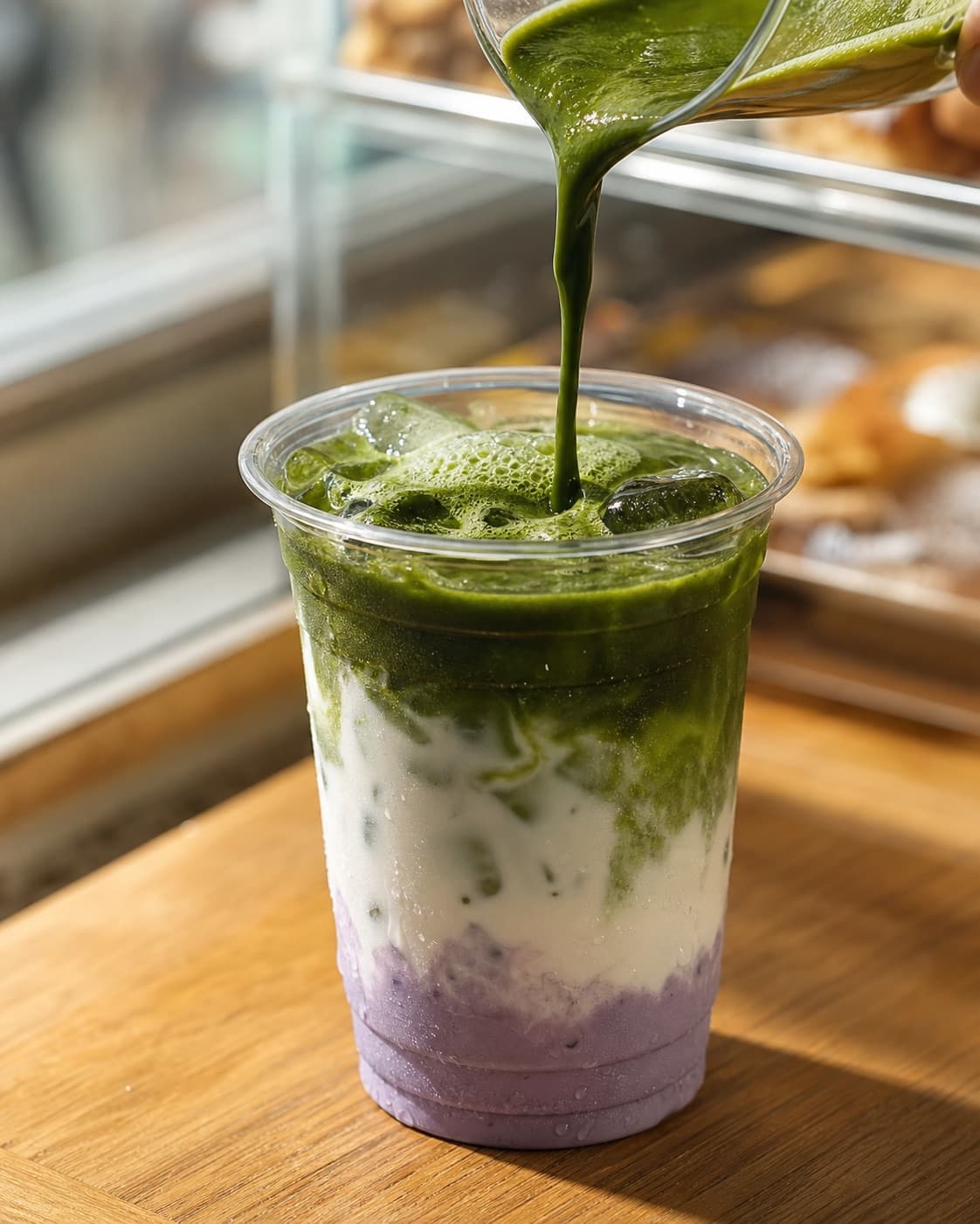 Matcha poured over a layered Ube Snow Matcha at Oh! Cha