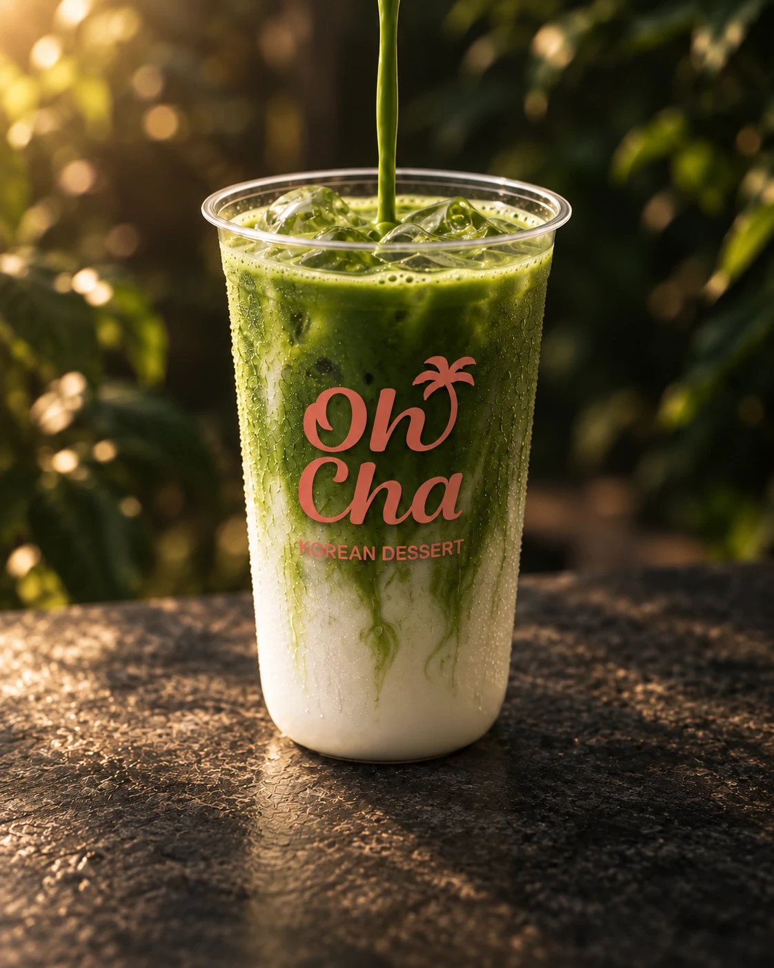 Matcha pouring into a rounded Oh! Cha cup in warm cinematic light