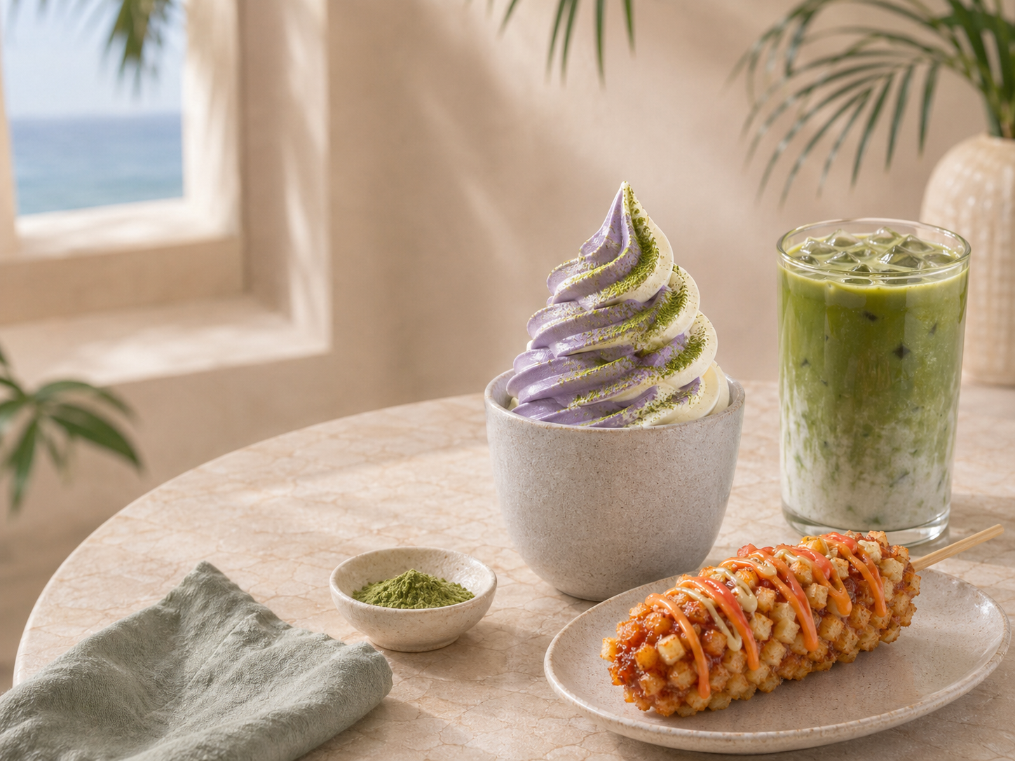 Ube vanilla soft serve with matcha powder, iced matcha latte, and Korean potato corn dog with orange sauce on a warm café table
